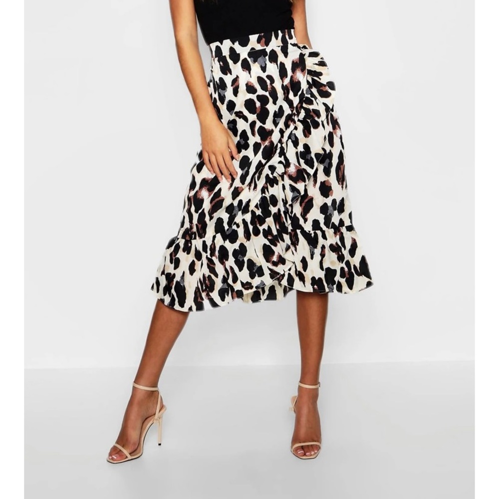 Satin Leopard Ruffle Wrap Midi Skirt